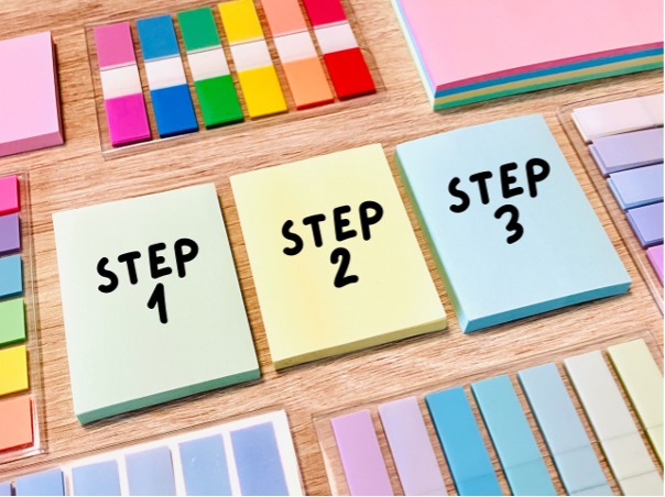 付箋紙に書かれたSTEP 1、STEP 2、STEP 3の文字と文房具