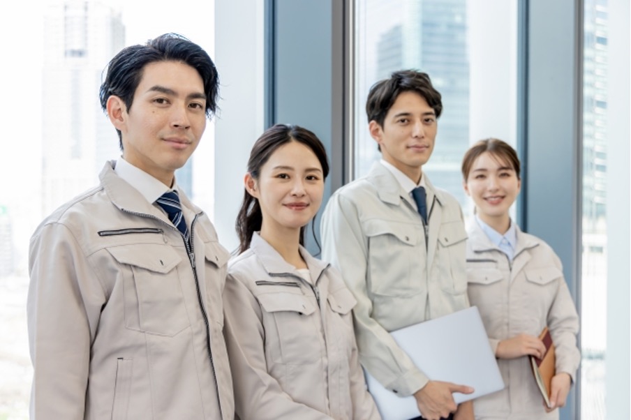 窓際で作業服を着た4人のスタッフが並び笑顔を見せるオフィスITサポートチーム